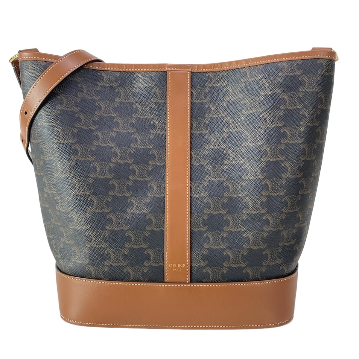 【中古】CELINE(セリーヌ) トリオンフキャンバス/ミディアムバケット ショルダーバッグ 黒×ブラウン レザー