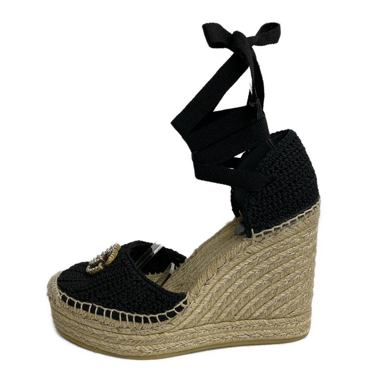 【中古】GUCCI(グッチ) パンプス ウェッジソール/フェイクパール/エスパドリーユ/GGマーモント 黒