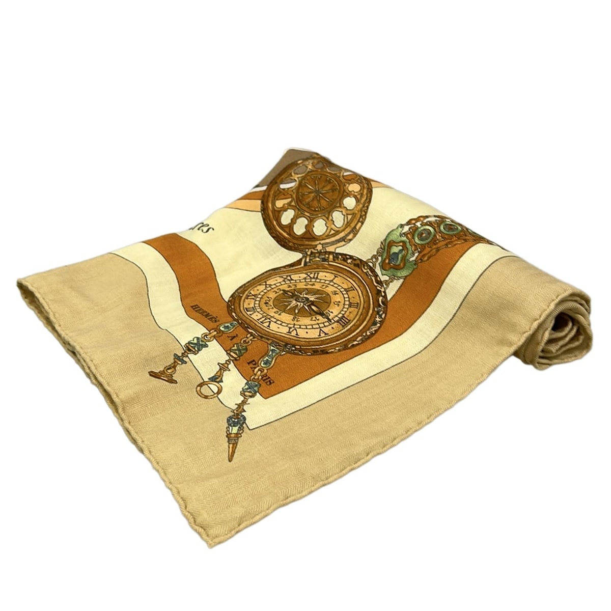 【中古】HERMES(エルメス) カレ90 ストール(ショール) parmi les fleurs je compte les heures ベージュ×オレンジ×マルチ カシミヤ、シルク