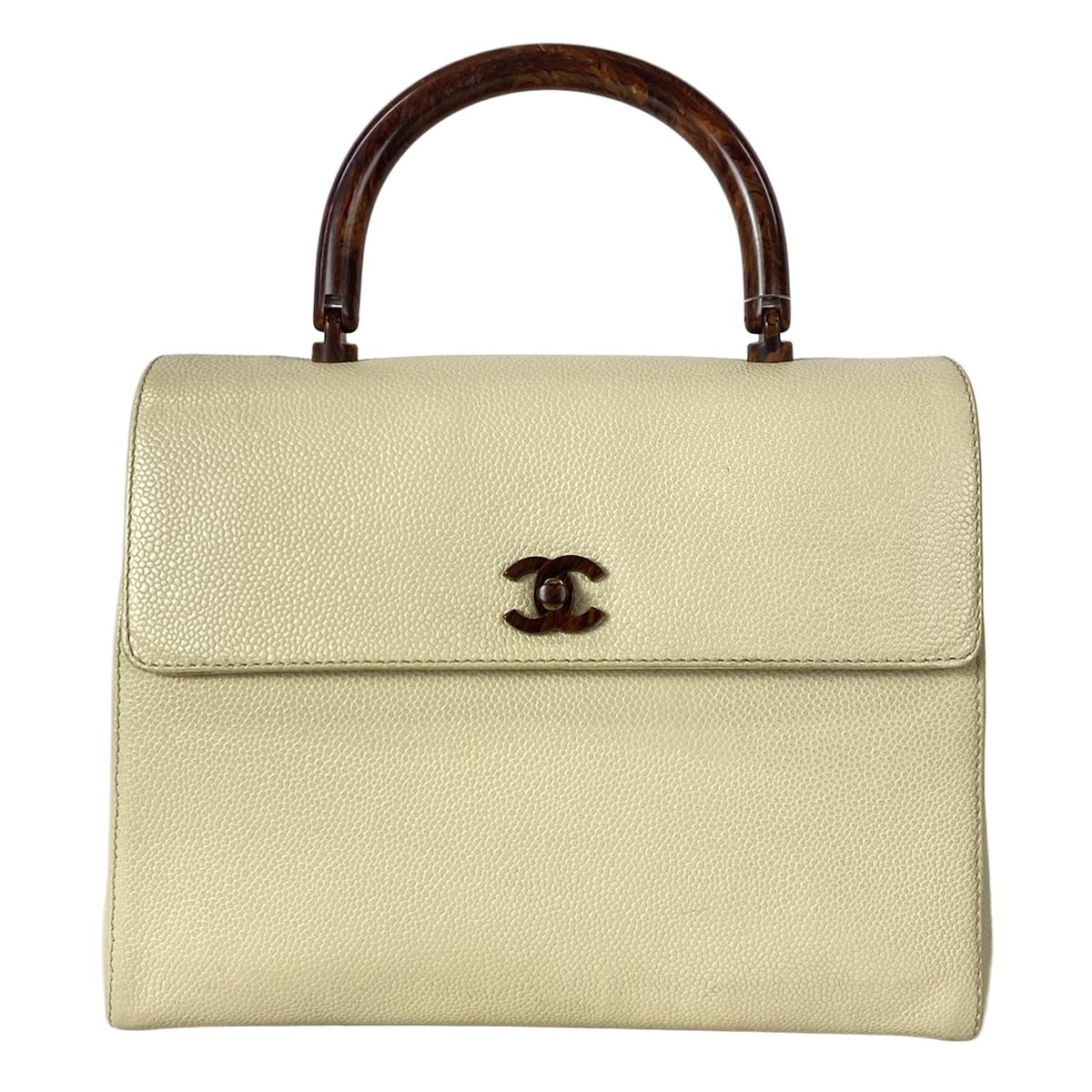 【中古】CHANEL(シャネル) 台形バッグ ハンドバッグ プラスチックハンドル/フラップバッグ アイボリー