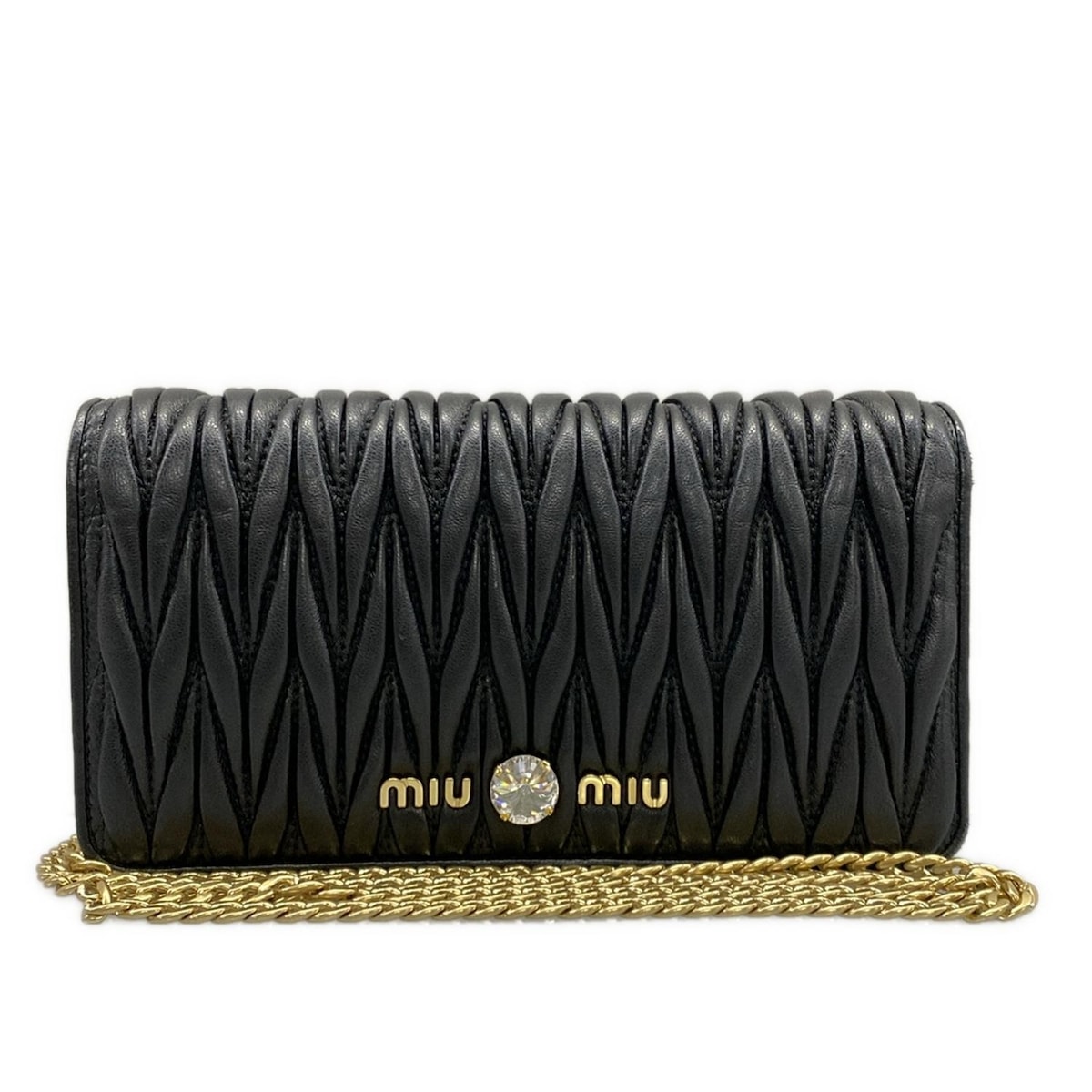 【中古】miumiu(ミュウミュウ) マテラッセ 財布 チェーンウォレット/ビジュー 黒 レザー