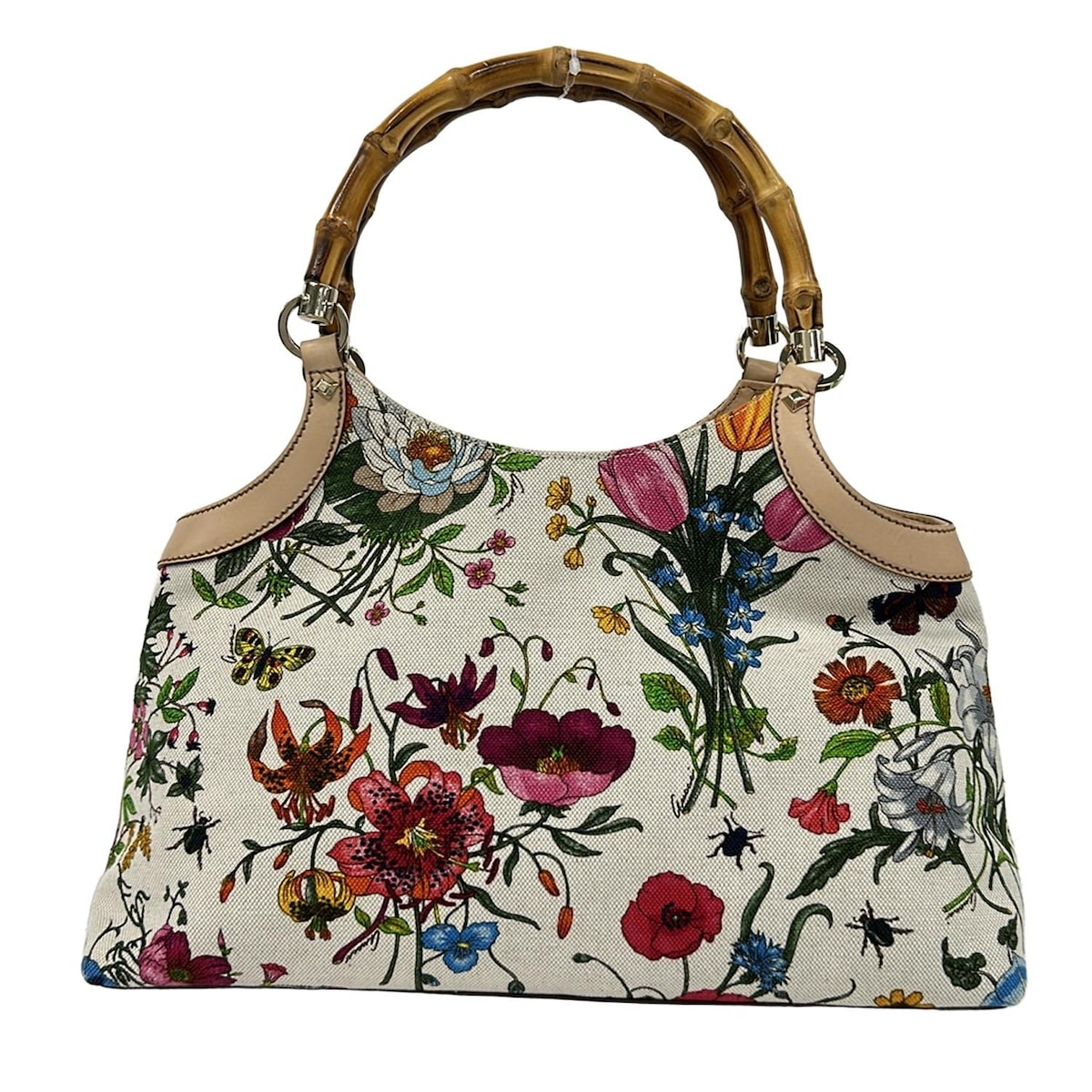 【中古】GUCCI(グッチ) フローラ,バンブー トートバッグ アイボリー×ダークグリーン×マルチ レザー