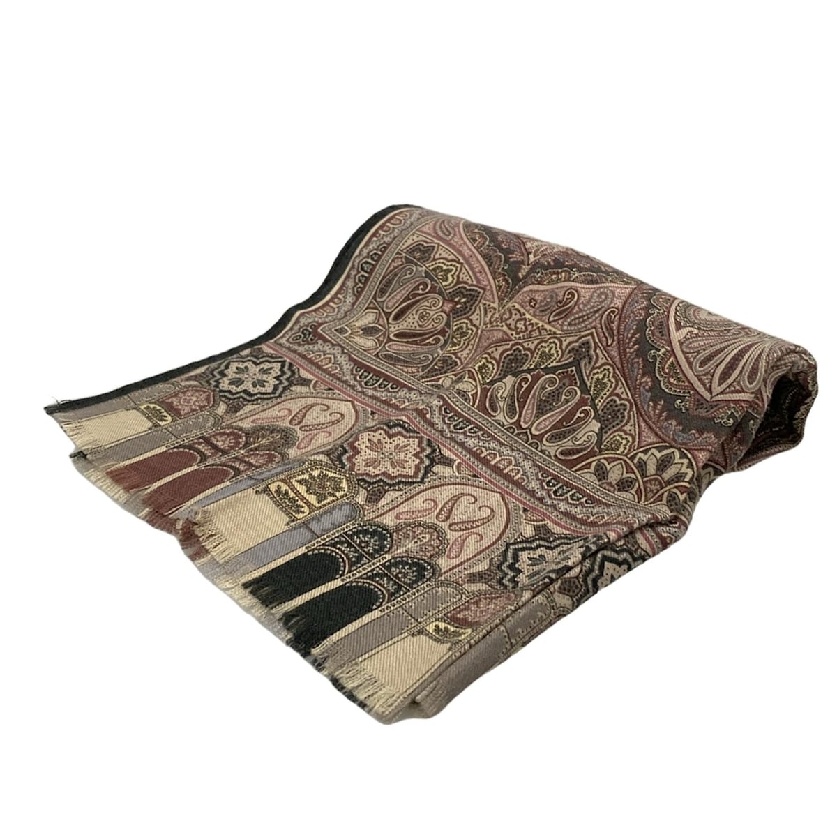 中古】未使用 ETRO エトロ ペイズリー柄 シルク×ウール 大判フリンジ  