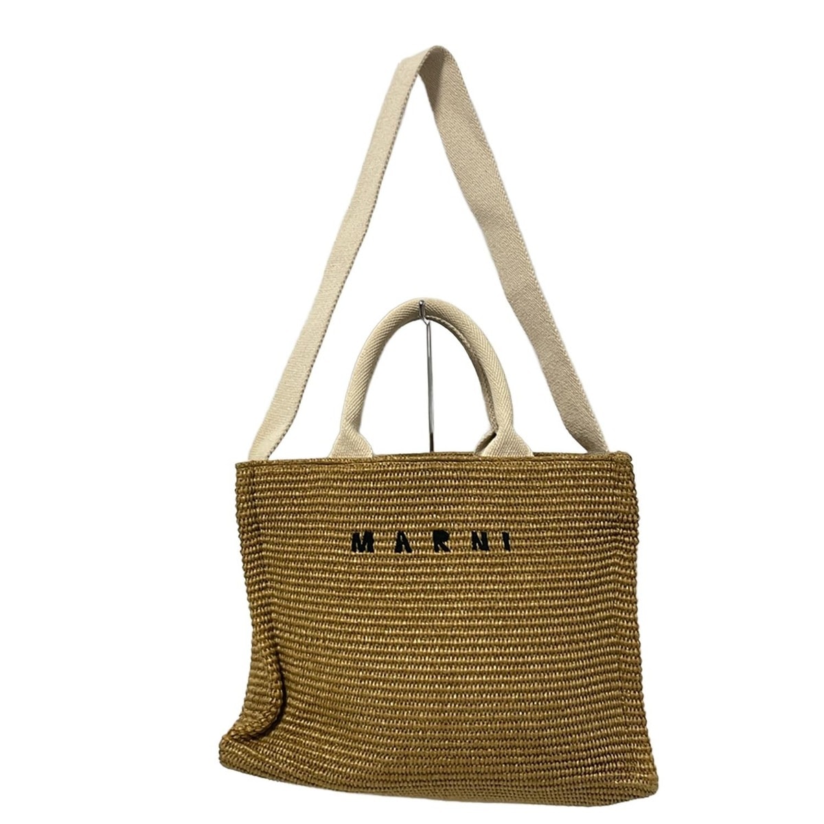 【中古】MARNI(マルニ) EAST WEST スモール トート トートバッグ 2way ライトブラウン×アイボリー×黒 コットン