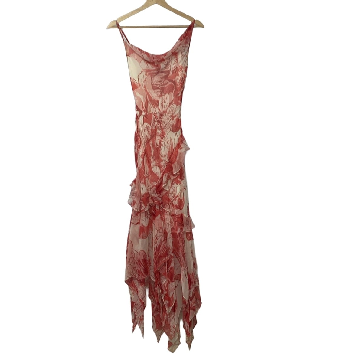 【中古】BCBGMAXAZRIA(ビーシービージーマックスアズリア) ドレス キャミドレス/マキシ丈/フリル 白×レッド