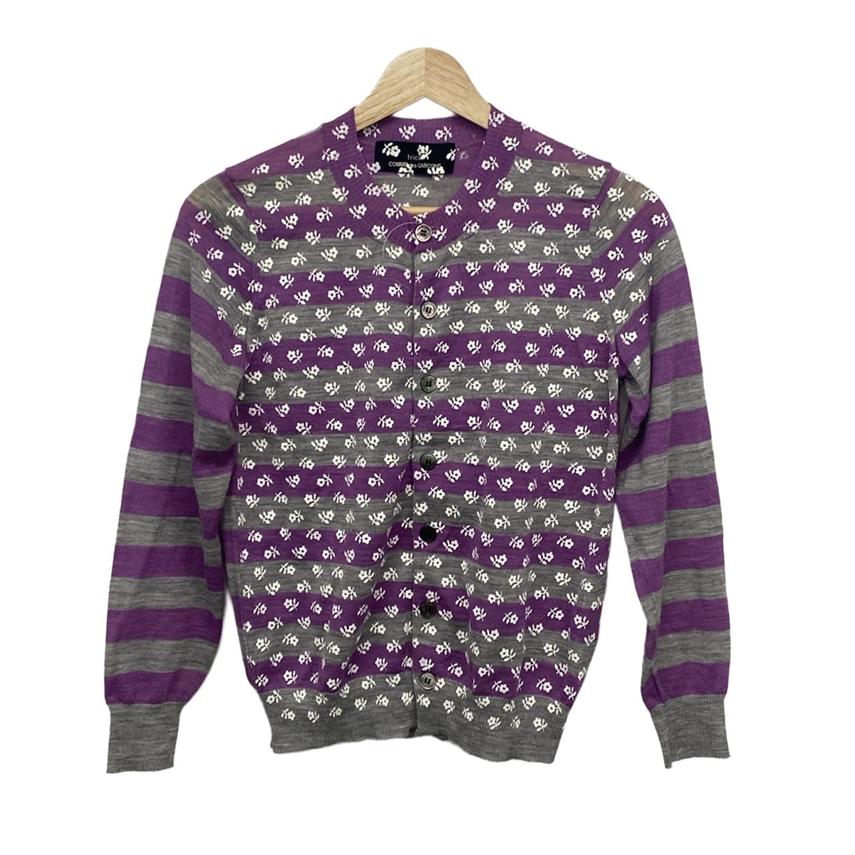 【中古】tricot COMMEdesGARCONS(トリココムデギャルソン) カーディガン 長袖/ボーダー/花柄 グレー×パープル