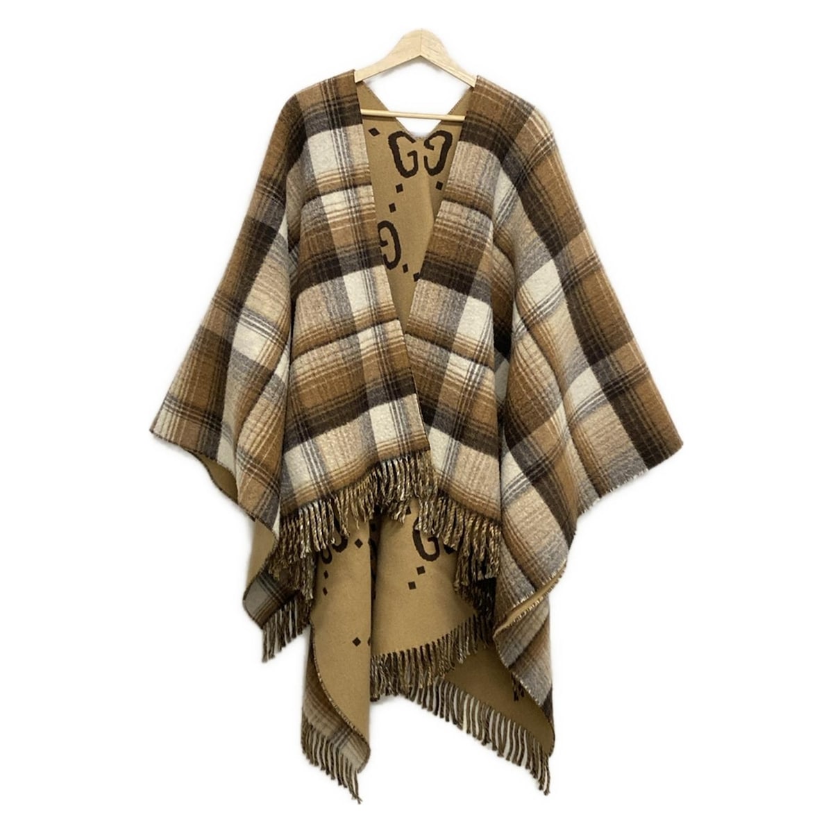 GUCCI ロゴ チェック柄 リバーシブル ポンチョ ストール 希少限定 グッチ GGロゴ チェック ウール リバーシブル 大判