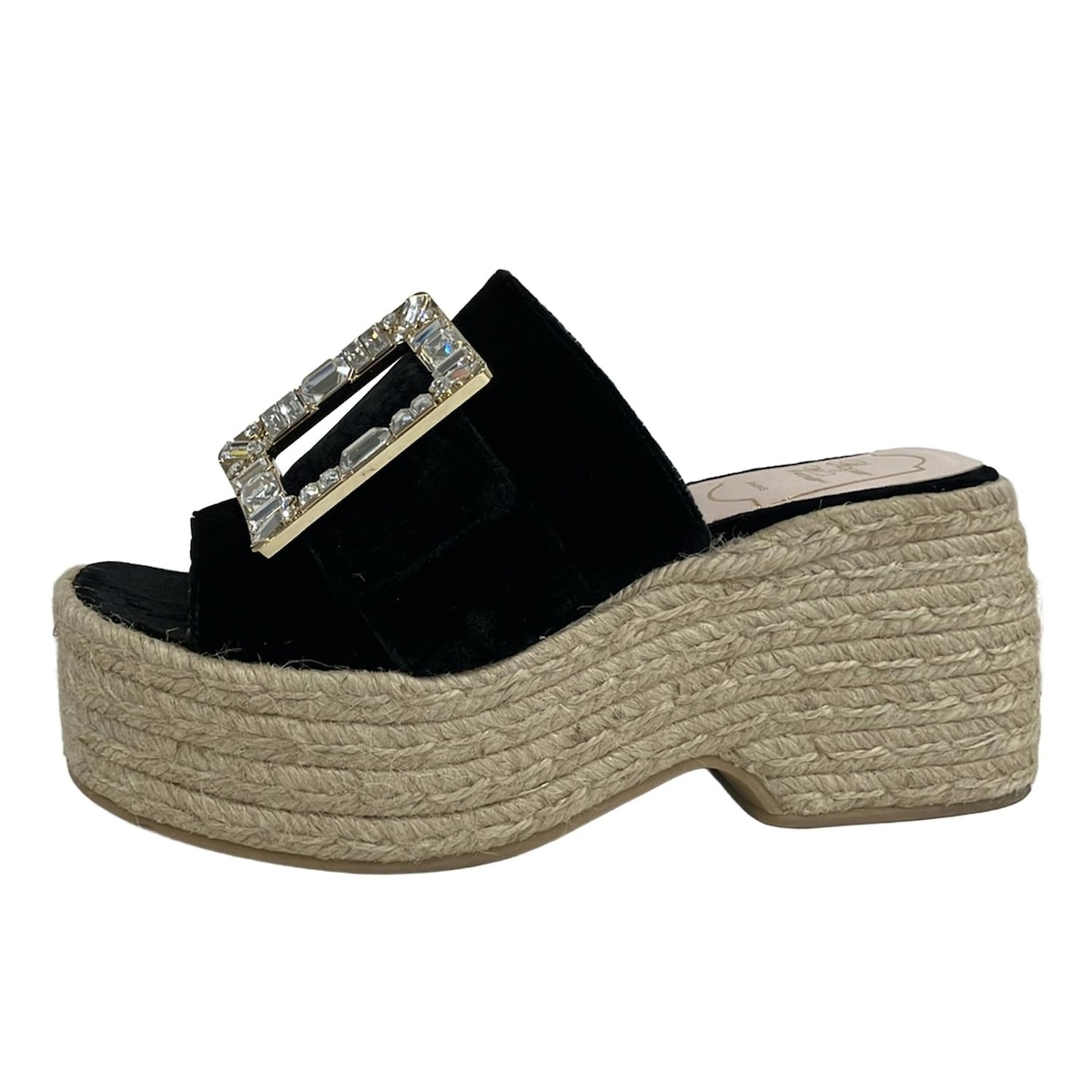 【中古】RogerVivier(ロジェヴィヴィエ) ミュール ビジュー/ストラスバックル/エスパドリーユ 黒×ベージュ リネン