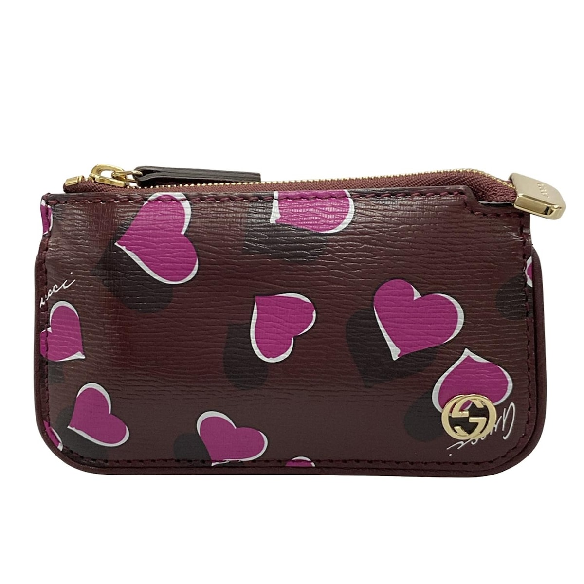【中古】GUCCI(グッチ) インターロッキングG コインケース ハート/キーリング付き ボルドー×ピンク×マルチ レザー