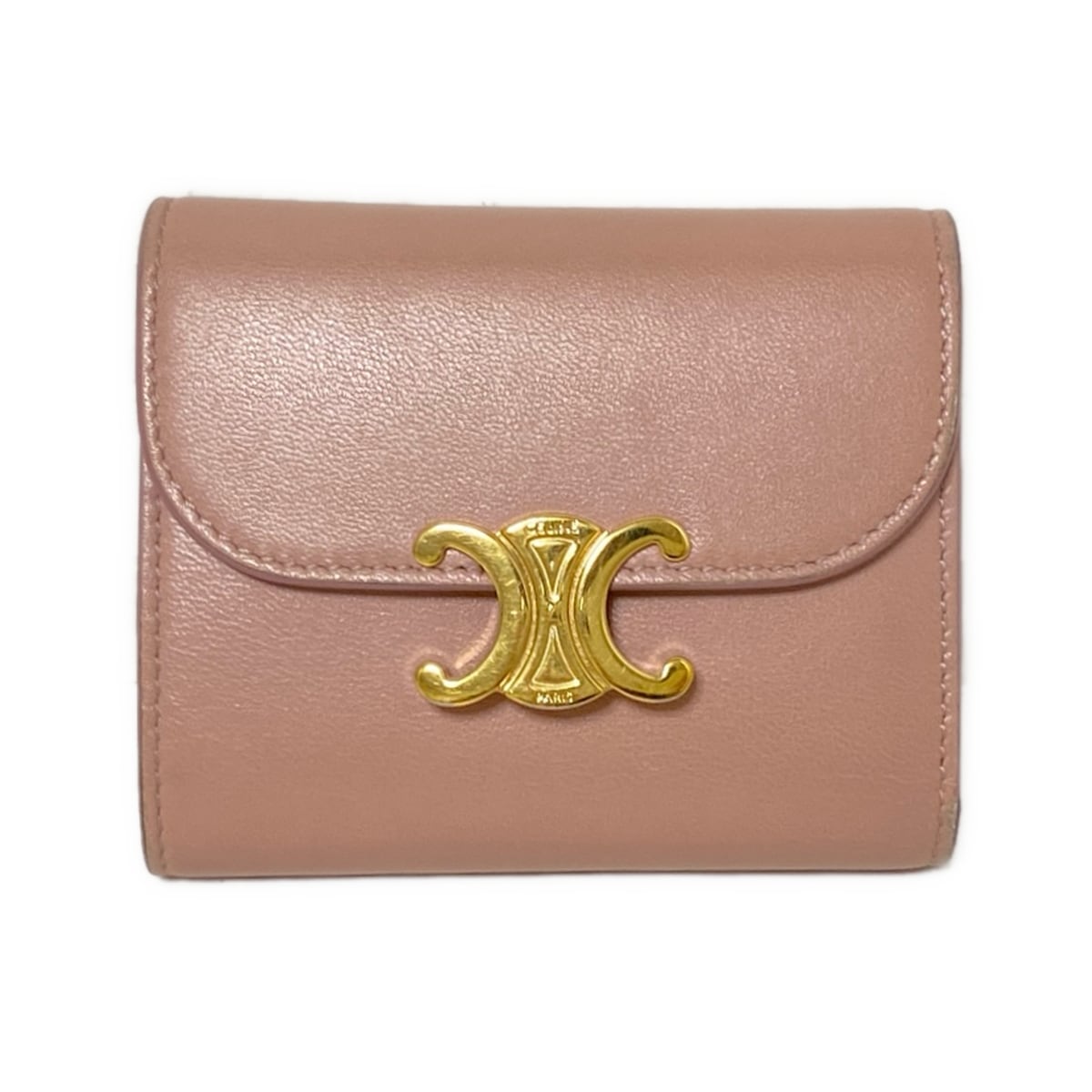 【新着】【中古】CELINE(セリーヌ) スモール 下げ翼 ウォレット 3つ折り紙入れ トリオンフ サクラ色ベージュ なめし革