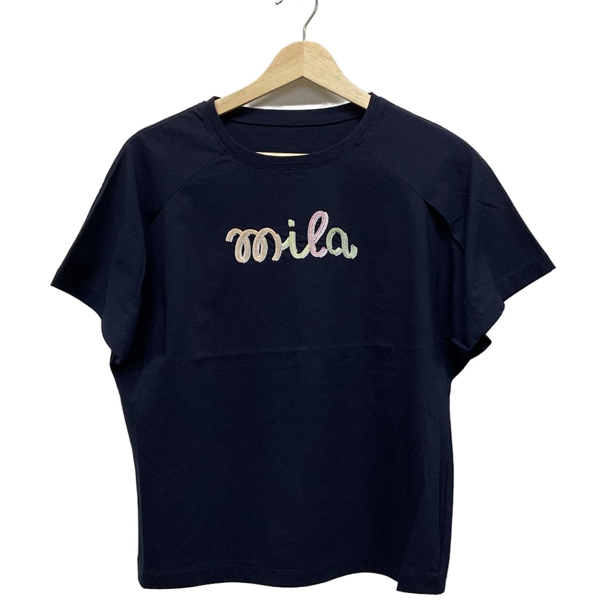 【中古】mila schon(ミラショーン) 半袖カットソー 刺繍 ダークネイビー×ライトグリーン×マルチ