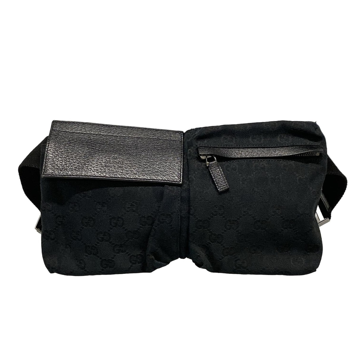 【中古】GUCCI(グッチ) GG柄 ウエストポーチ 黒 レザー