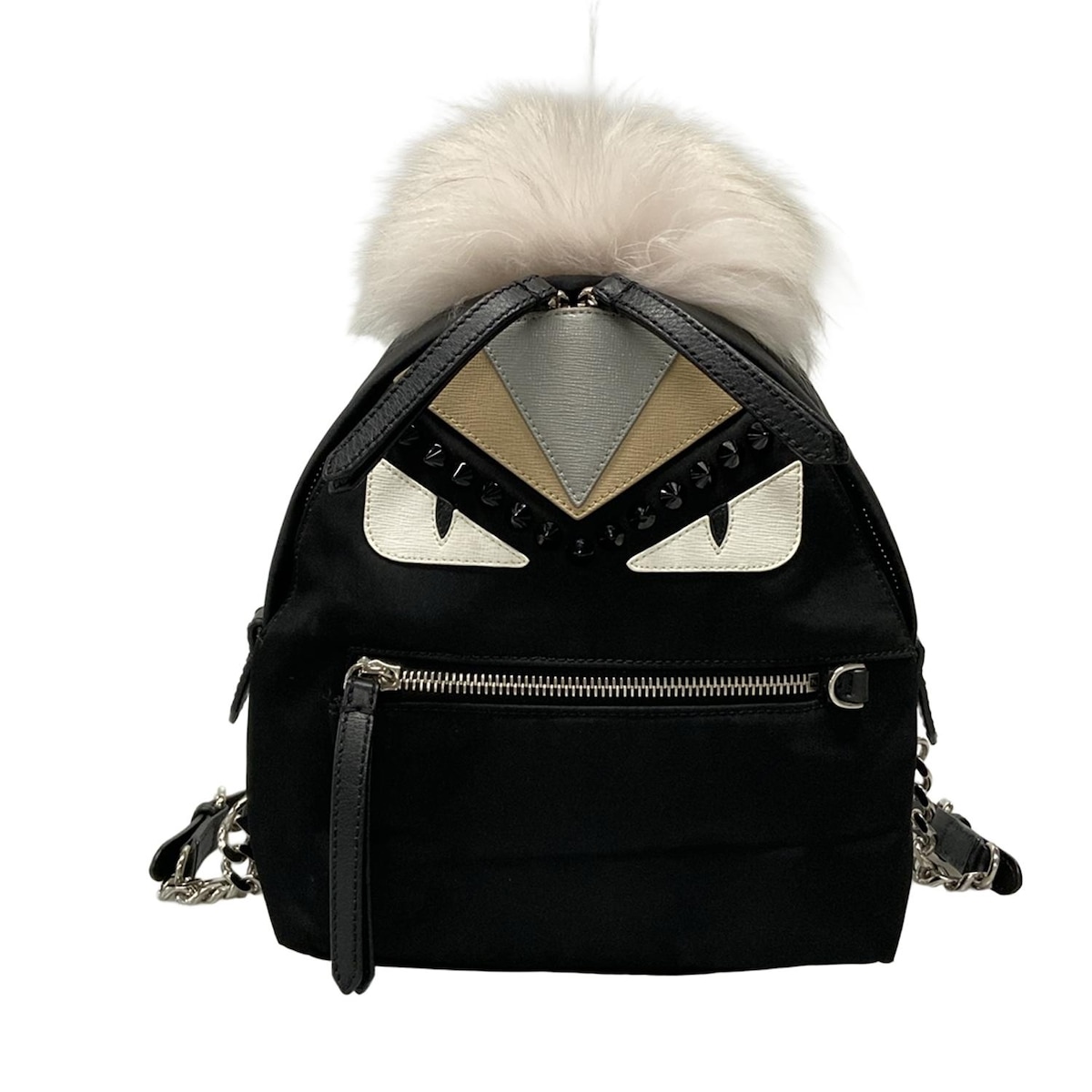 【中古】FENDI(フェンディ) モンスター ミニ バックパック リュックサック スタッズ 黒×白×マルチ レザー、ファー、フォックス