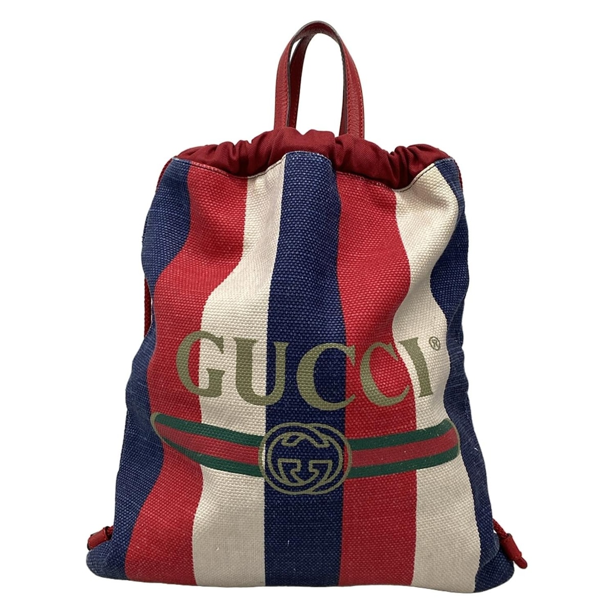 【中古】GUCCI(グッチ) ロゴ シルヴィ ストライプ プリント キャンバス リュックサック 2way レッド×ネイビー×アイボリー リネン、レザー