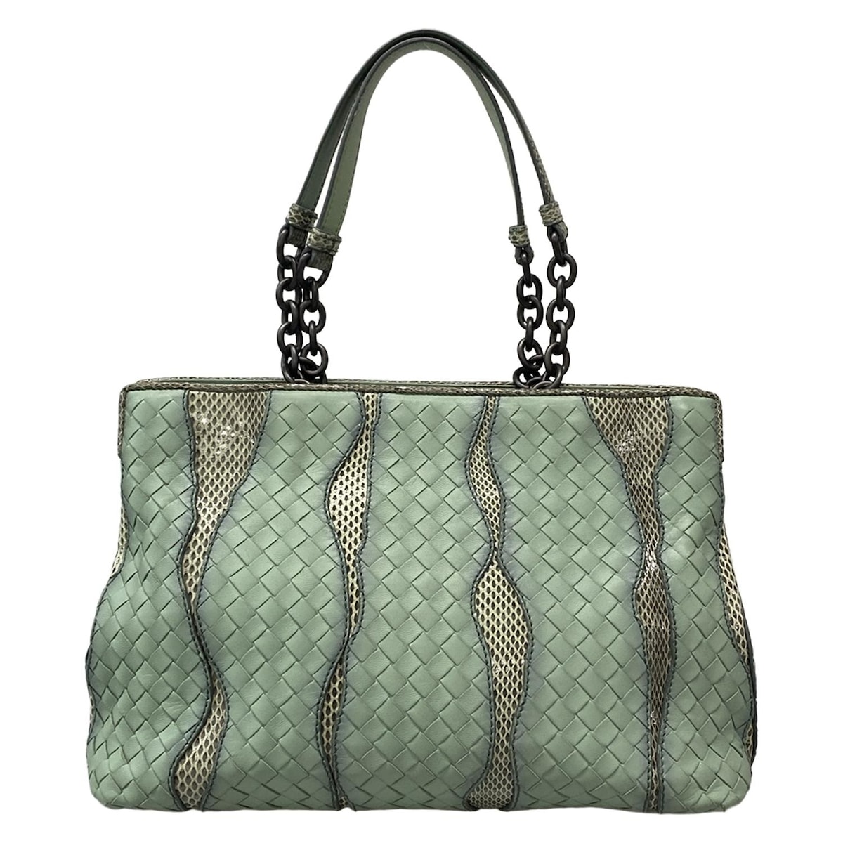 【中古】BOTTEGA VENETA(ボッテガヴェネタ) イントレチャート トートバッグ チェーンショルダー ライトブルー×黒 レザー