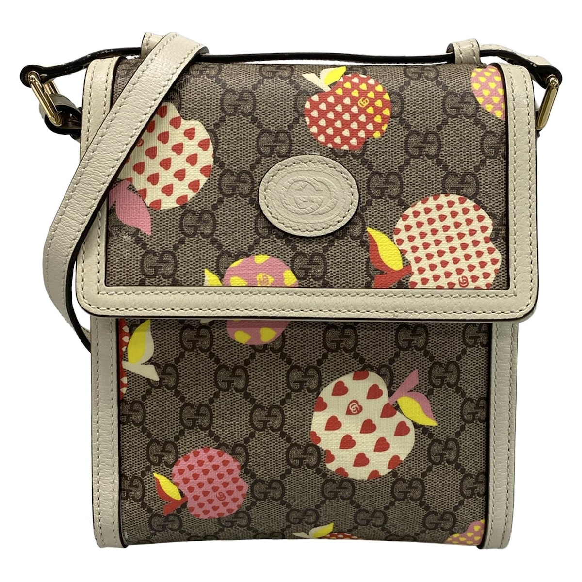 【中古】GUCCI(グッチ) GGスプリーム ショルダーバッグ アップル ベージュ×グレー×アイボリー レザー
