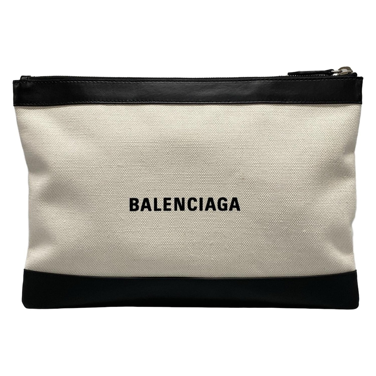 【中古】BALENCIAGA(バレンシアガ) ネイビークリップM クラッチバッグ アイボリー×黒 レザー