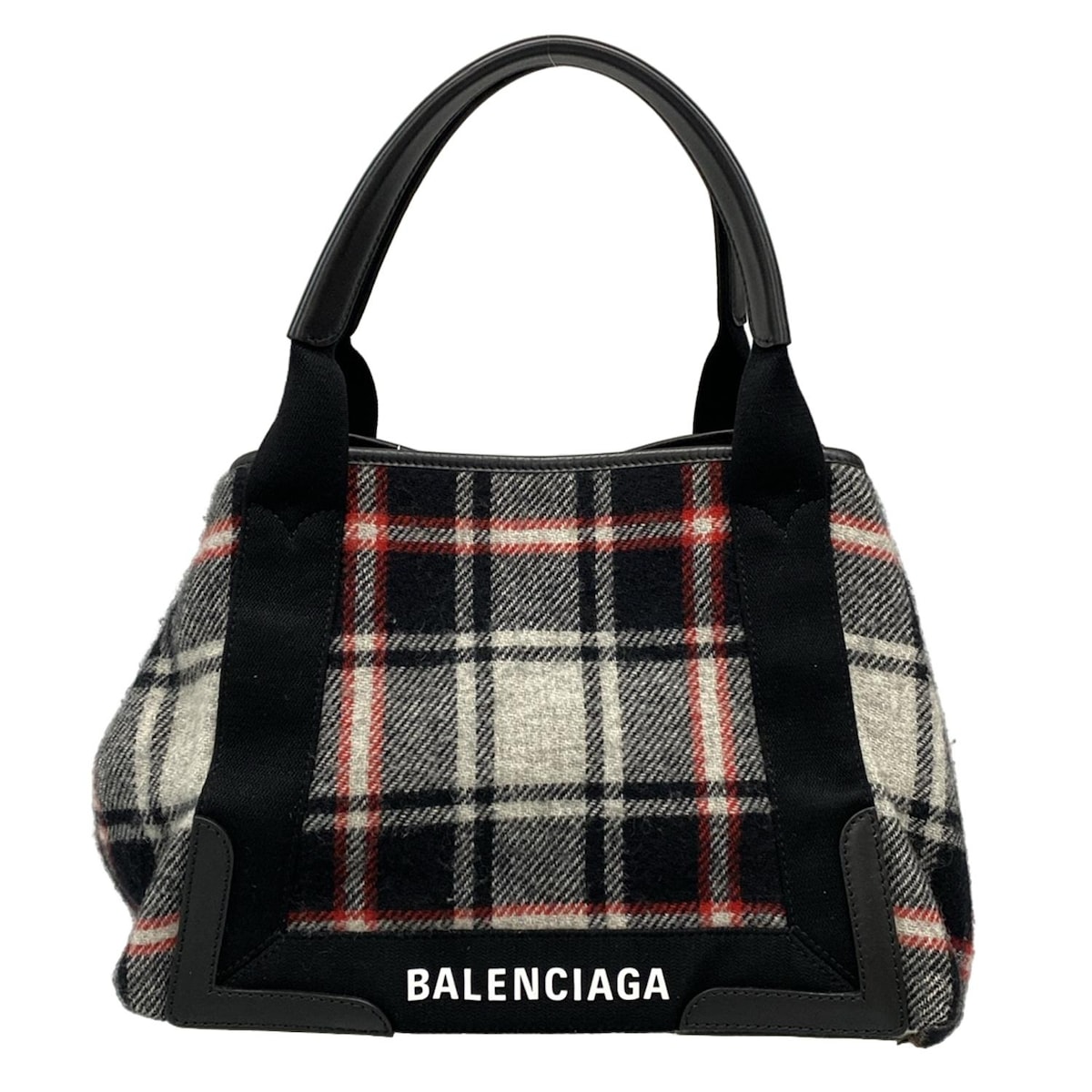 【中古】BALENCIAGA(バレンシアガ) ネイビーカバスS トートバッグ チェック柄 黒×ライトグレー×マルチ ウール、レザー