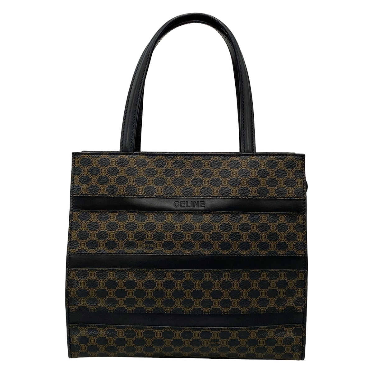 【中古】CELINE(セリーヌ) マカダム柄 ハンドバッグ 黒×ブラウン レザー