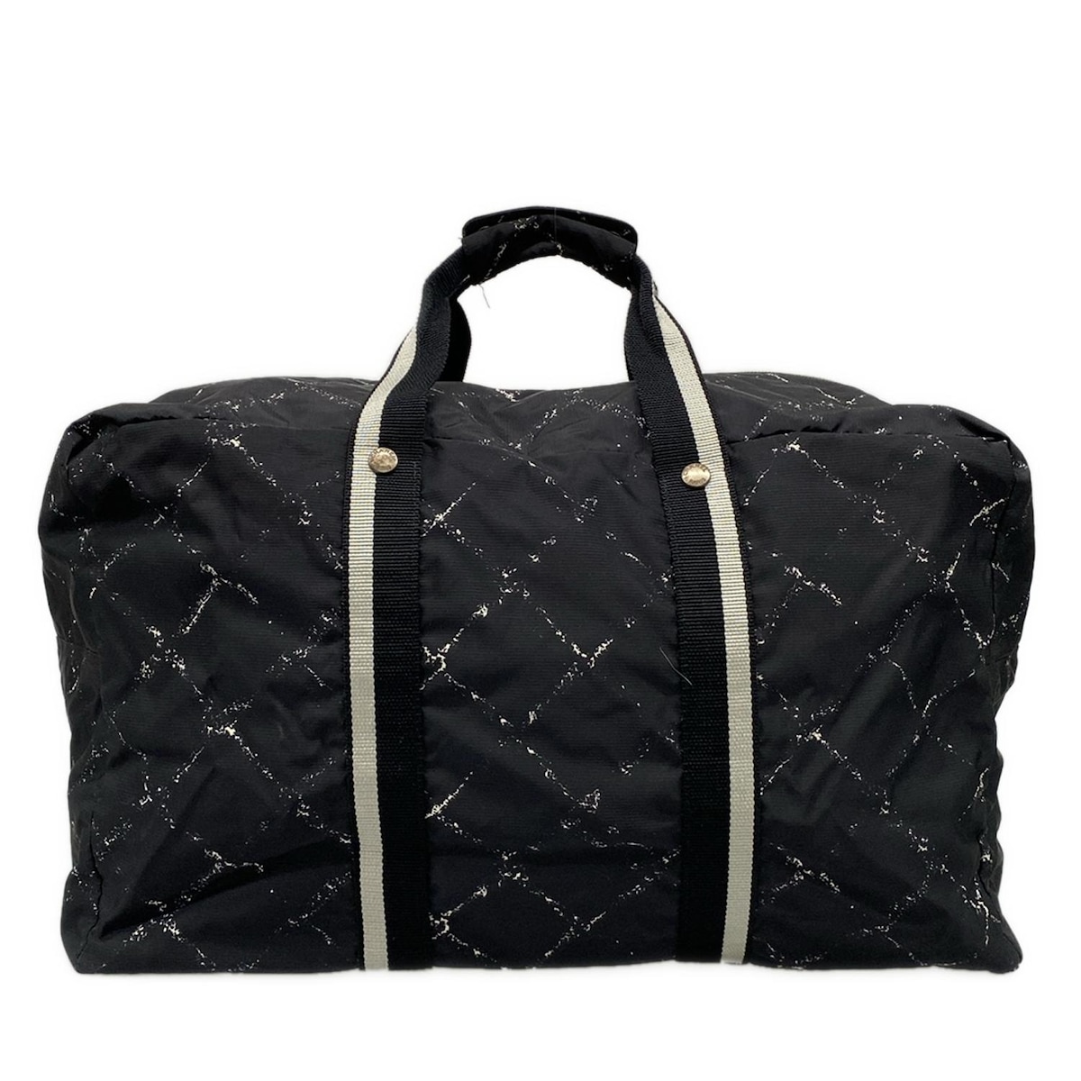 【中古】CHANEL(シャネル) 旧トラベルライン ボストンバッグ シルバー金具/本体ロックなし 黒×白