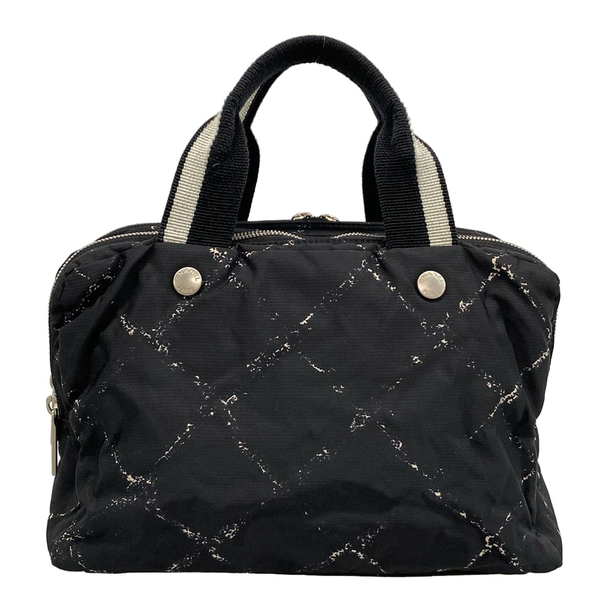 【中古】CHANEL(シャネル) 旧トラベルライン ハンドバッグ シルバー金具 黒×白