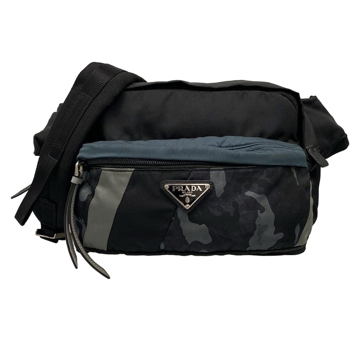 【中古】PRADA(プラダ) ショルダーバッグ 迷彩柄 黒×ネイビー×グレー レザー