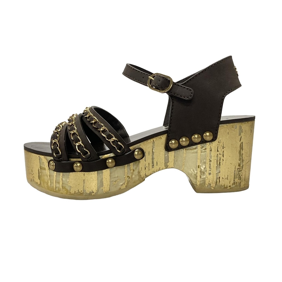 【新着】【中古】CHANEL(シャネル) サンダル ウェッジソール/アウトソール張替済 ゴールド×ダークブラウン レザー