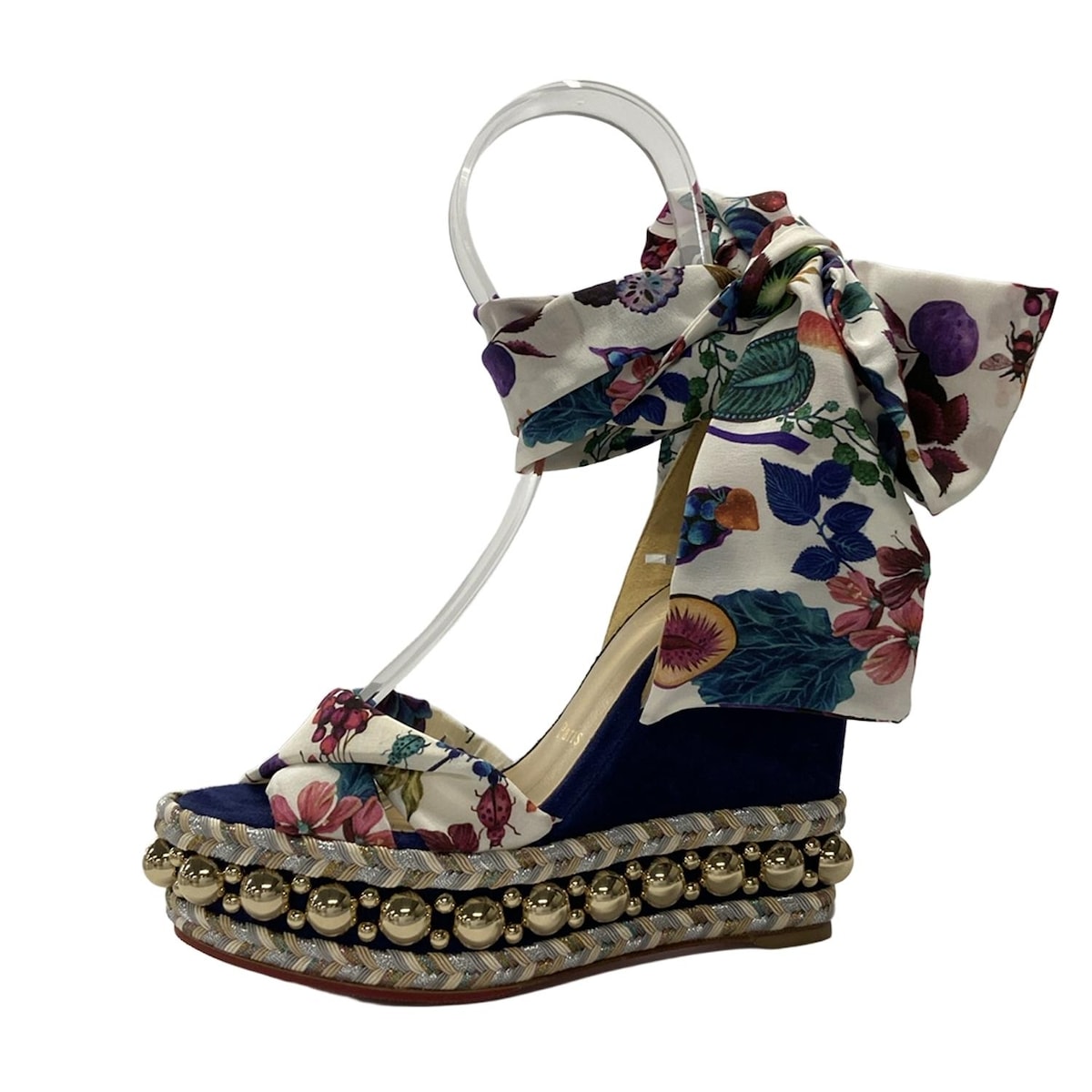 【中古】CHRISTIAN LOUBOUTIN(クリスチャンルブタン) ミュール 花柄/アウトソール張替済//ウェッジソール ネイビー×ゴールド×マルチ