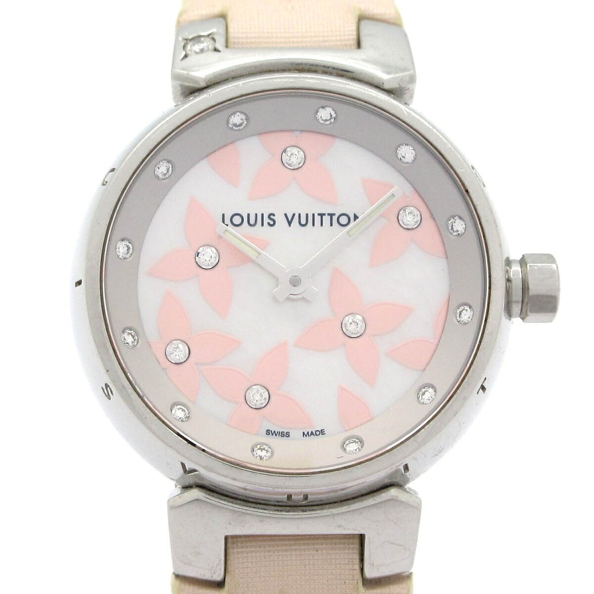 【中古】LOUIS VUITTON(ルイヴィトン) タンブール ウォッチ SS/外殻文字記号盤/18P金剛石文字記号盤/1Pラグダイヤ 白いこと外殻×サクラ色