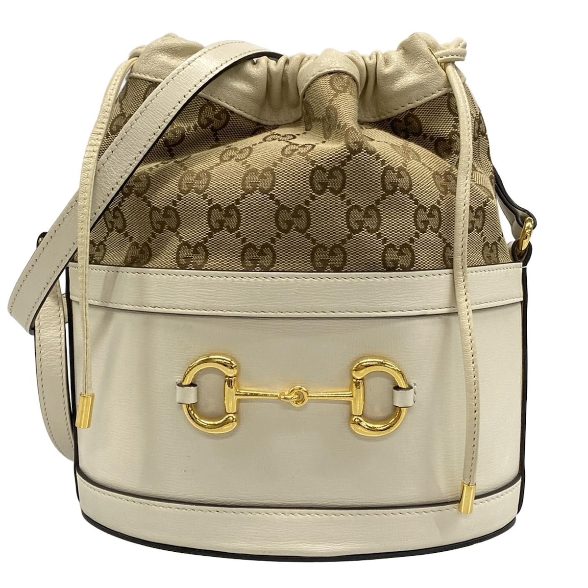 【中古】GUCCI(グッチ) ホースビット 1955 バケットバッグ ショルダーバッグ 巾着型 アイボリー×ダークブラウン×ベージュ レザー
