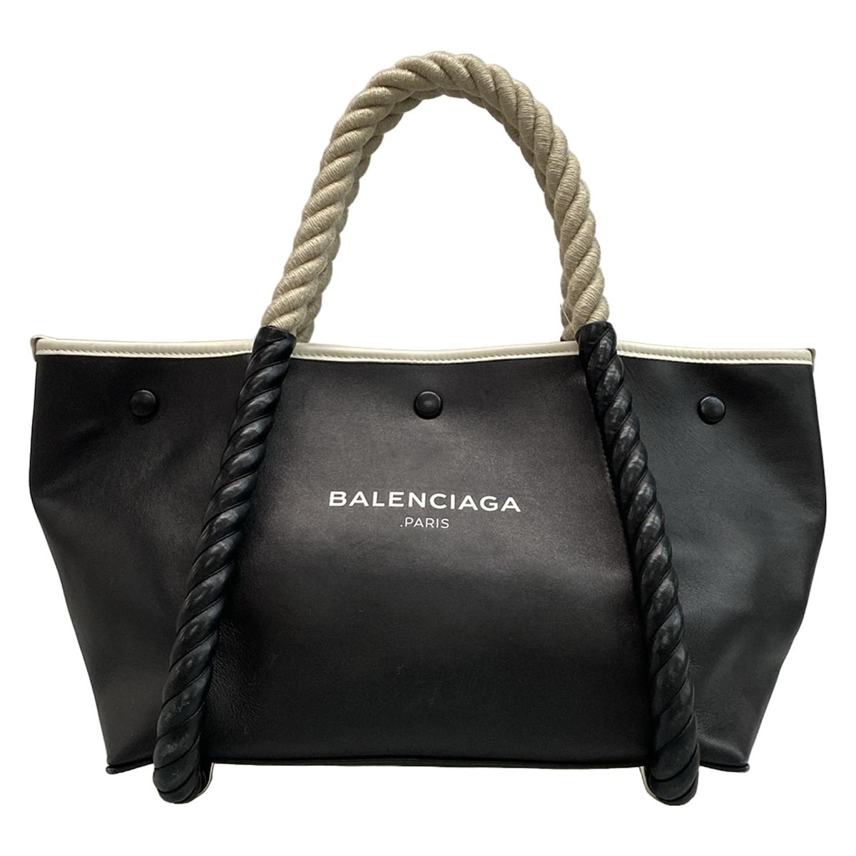 【中古】BALENCIAGA(バレンシアガ) ネイビーカバスS トートバッグ ロープハンドル 黒×アイボリー レザー 47,866円