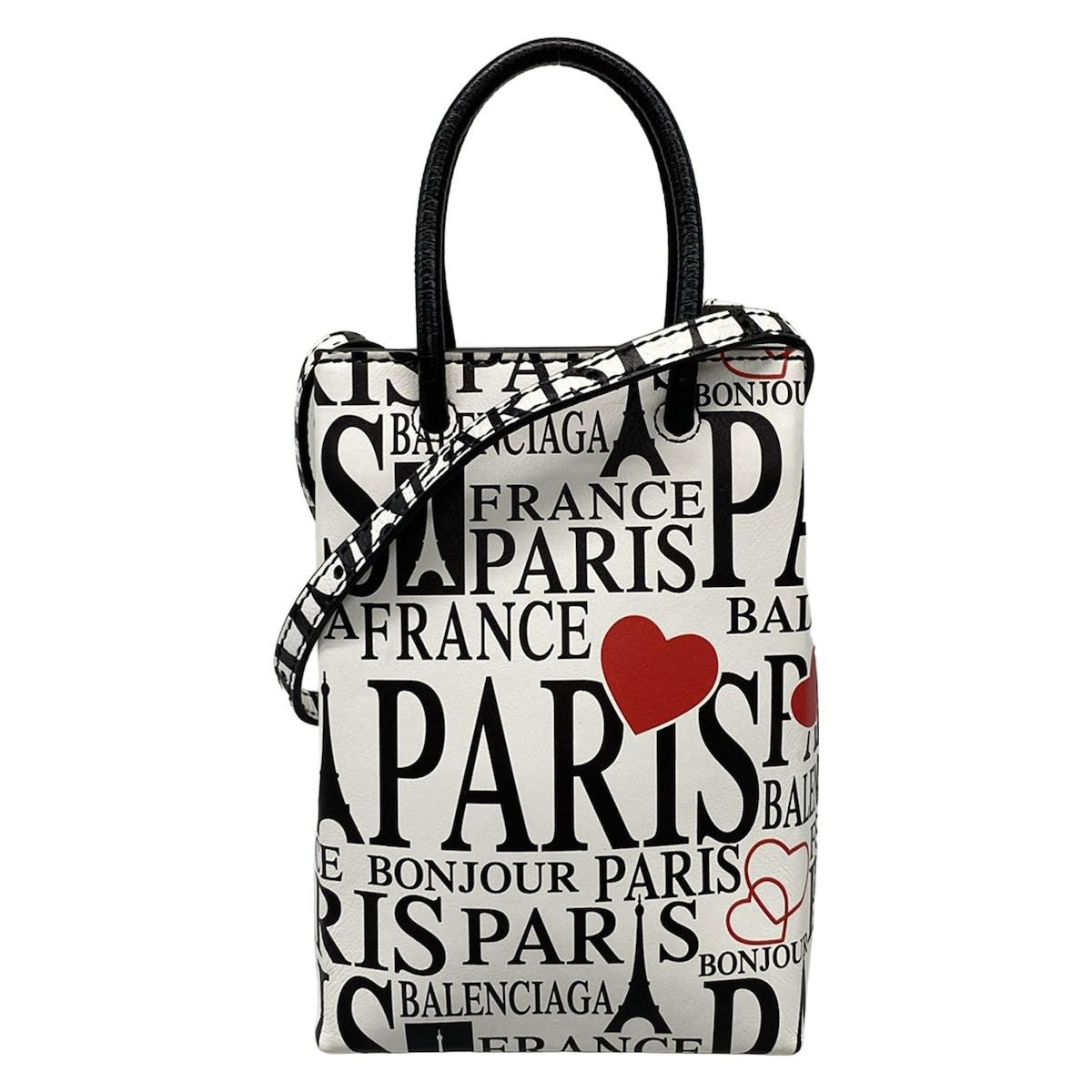 【中古】BALENCIAGA(バレンシアガ) ショッピングフォンホルダー ショルダーバッグ BONJOUR PARIS 白×黒×レッド レザー