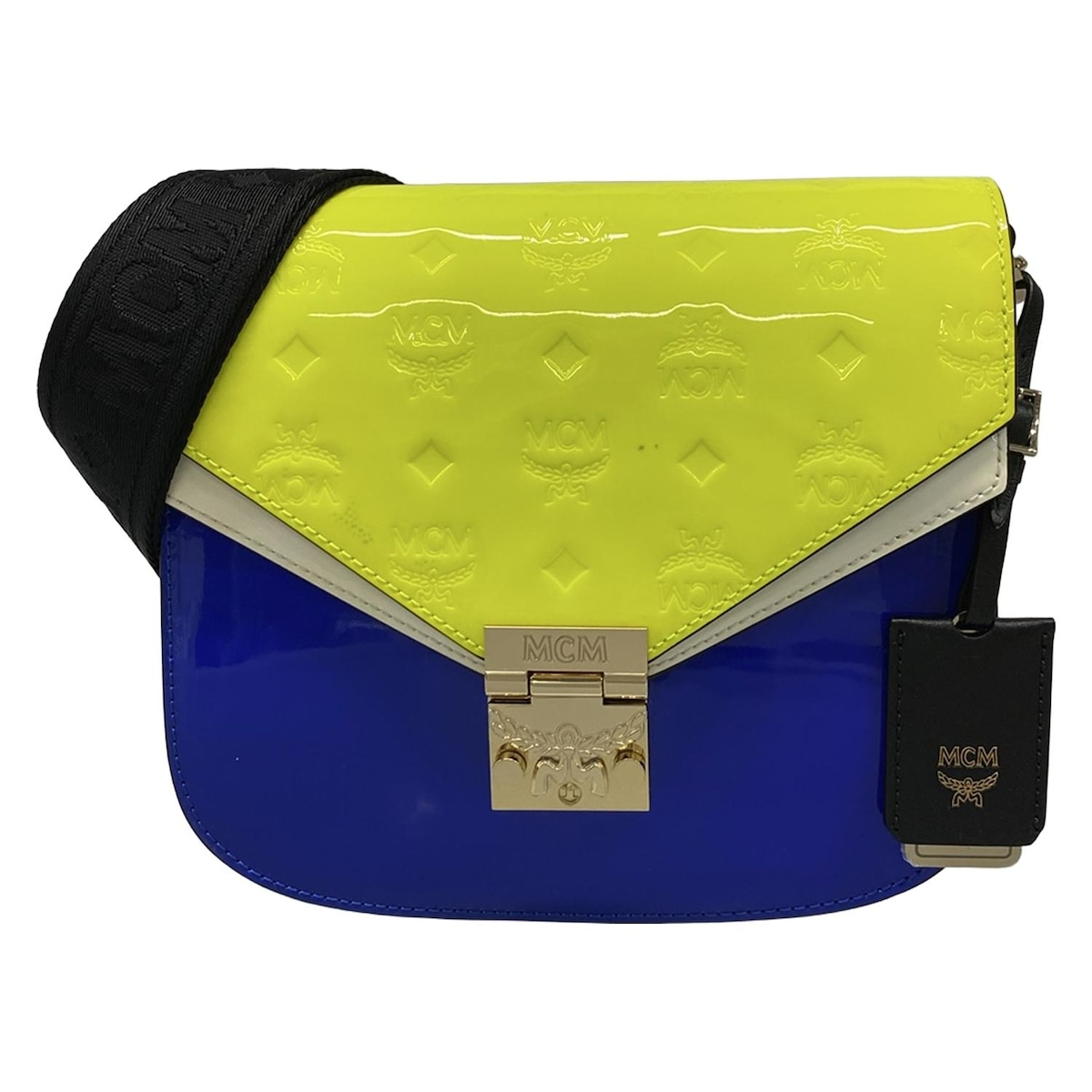 【中古】MCM(エムシーエム) パトリシア ショルダーバッグ 型押し加工/ストラップ着脱可 イエロー×ブルー×白 レザー