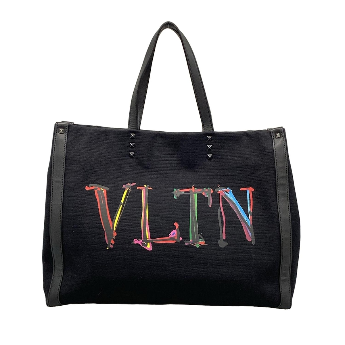 【中古】VALENTINOGARAVANI(バレンチノガラバーニ) VLTNグラフ キャンバス ミディアム トート トートバッグ スタッズ 黒×レッド×マルチ レザー