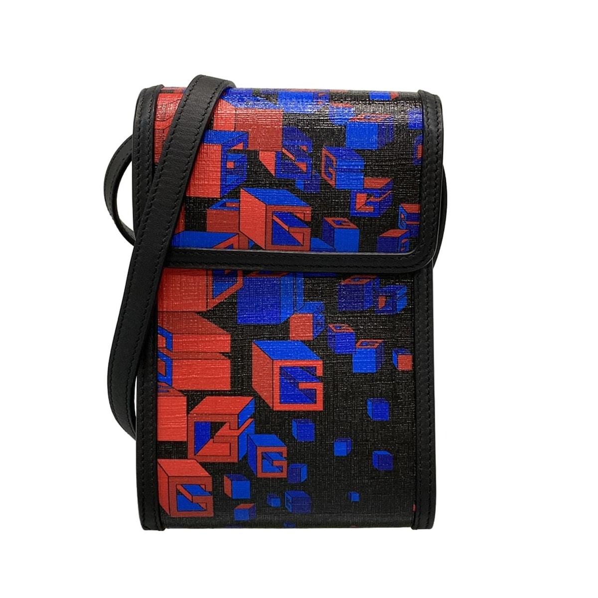 【中古】GUCCI(グッチ) スクエアGスペースポシェット ショルダーバッグ 黒×レッド×ブルー レザー