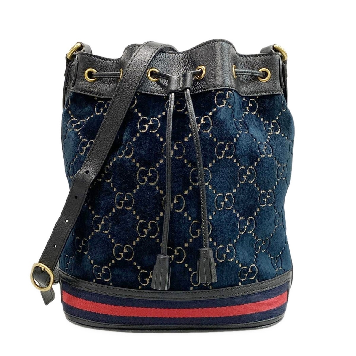 【新着】【中古】GUCCI(グッチ) GGベルベット ショルダーバッグ 巾着型 ブルーグリーン×ブラウン×黒 レザー