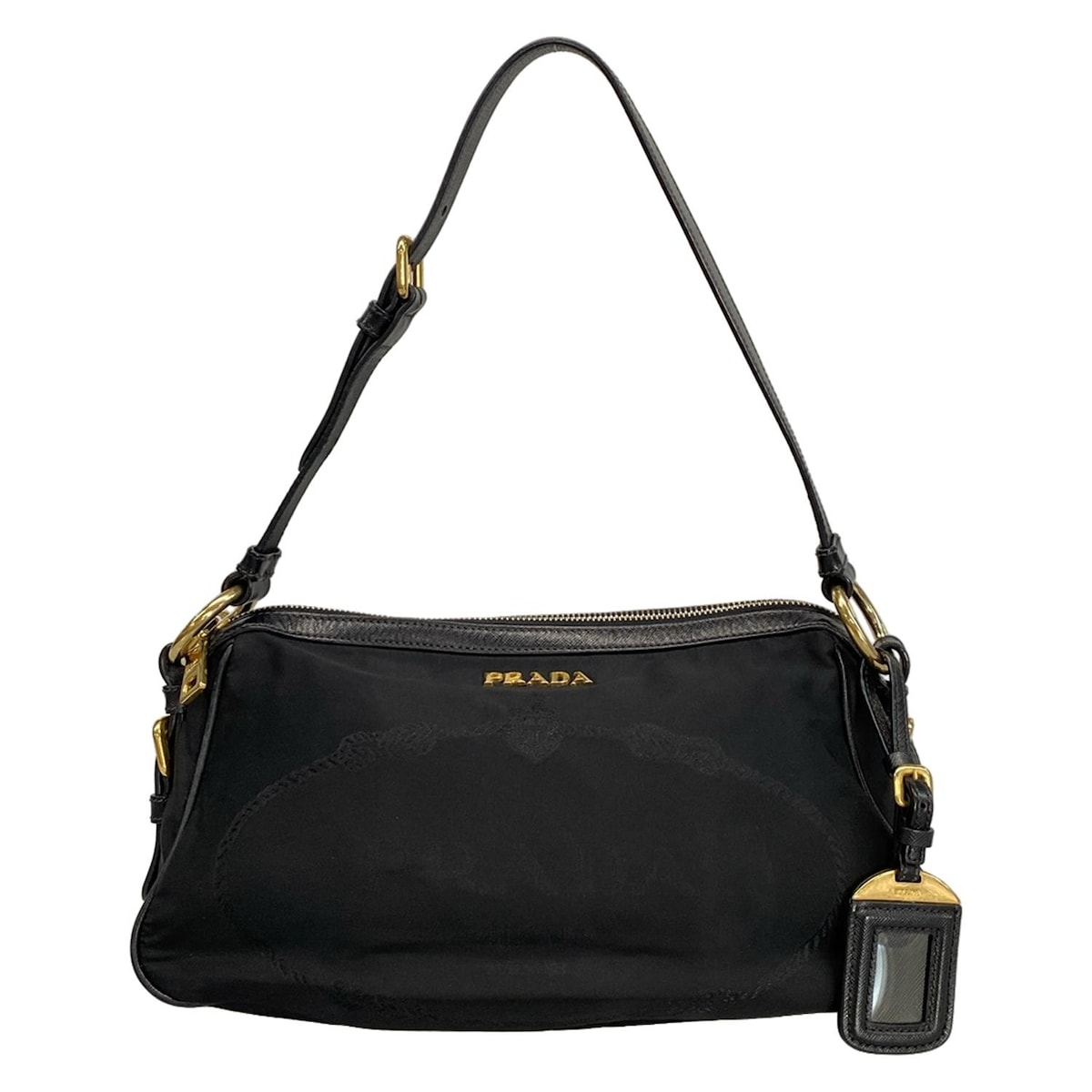 【新着】【中古】PRADA(プラダ) ロゴジャガード ショルダーバッグ 革タグ 黒 レザー