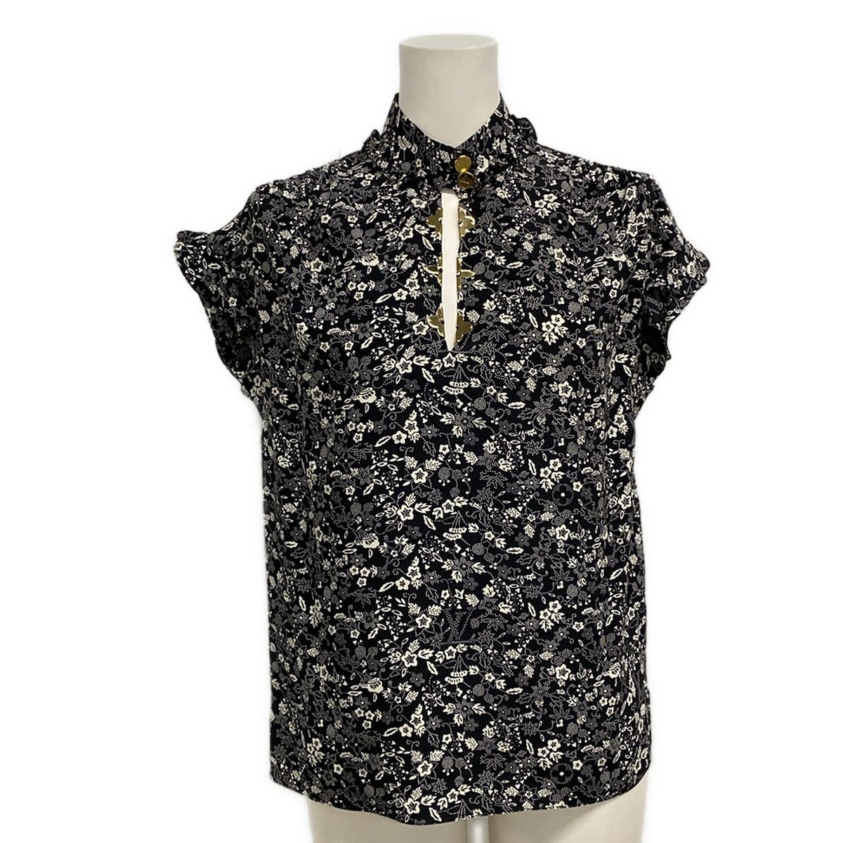 【中古】LOUIS VUITTON(ルイヴィトン) 半袖カットソー ハイネック/花柄/フリル 黒×白 シルク