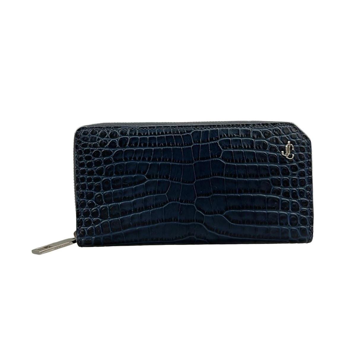 【新着】【中古】JIMMY CHOO(ジミーチュウ) 長財布 型押し加工/ラウンドファスナー/ホログラムシールあり ネイビー レザー