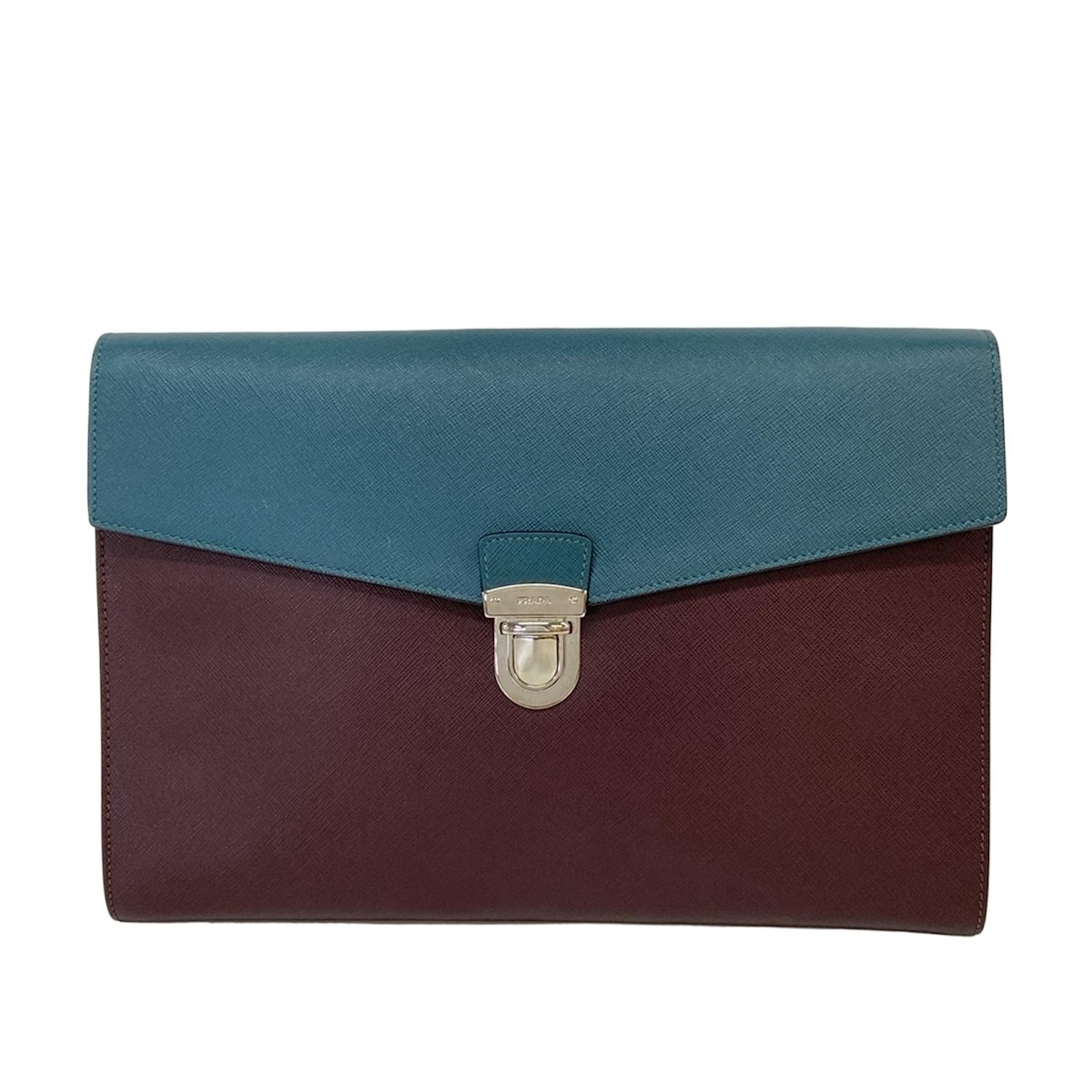 【新着】【中古】PRADA(プラダ) クラッチバッグ バイカラー ボルドー×ブルーグリーン レザー