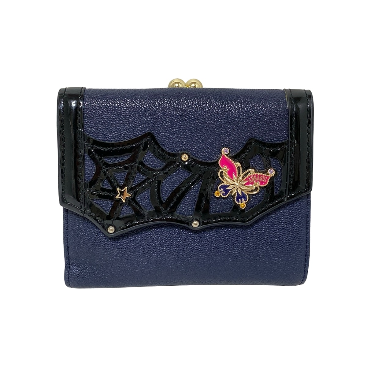 美品 ANNA SUI アナスイ がま口 バタフライ柄 三つ折り財布 ネイビー 美品 ANNA SUI アナスイ がま口 バタフライ柄 三つ折り財布 ネイビー