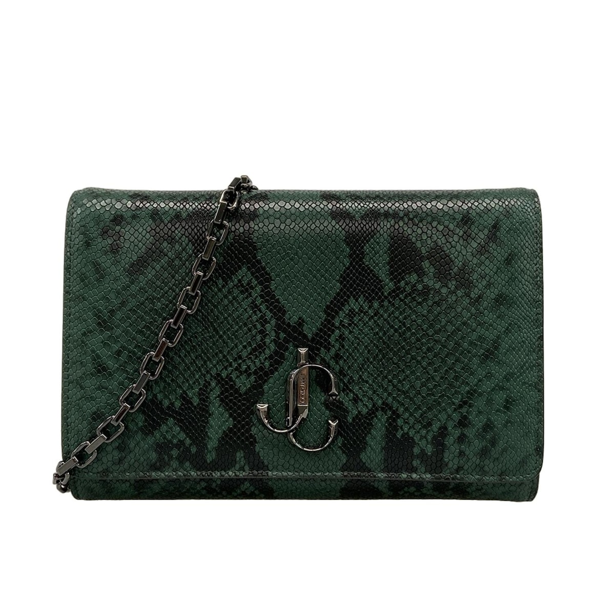 【新着】【中古】JIMMY CHOO(ジミーチュウ) ヴァレンヌ ショルダーバッグ 型押し加工/チェーンショルダー ダークグリーン×黒 レザー