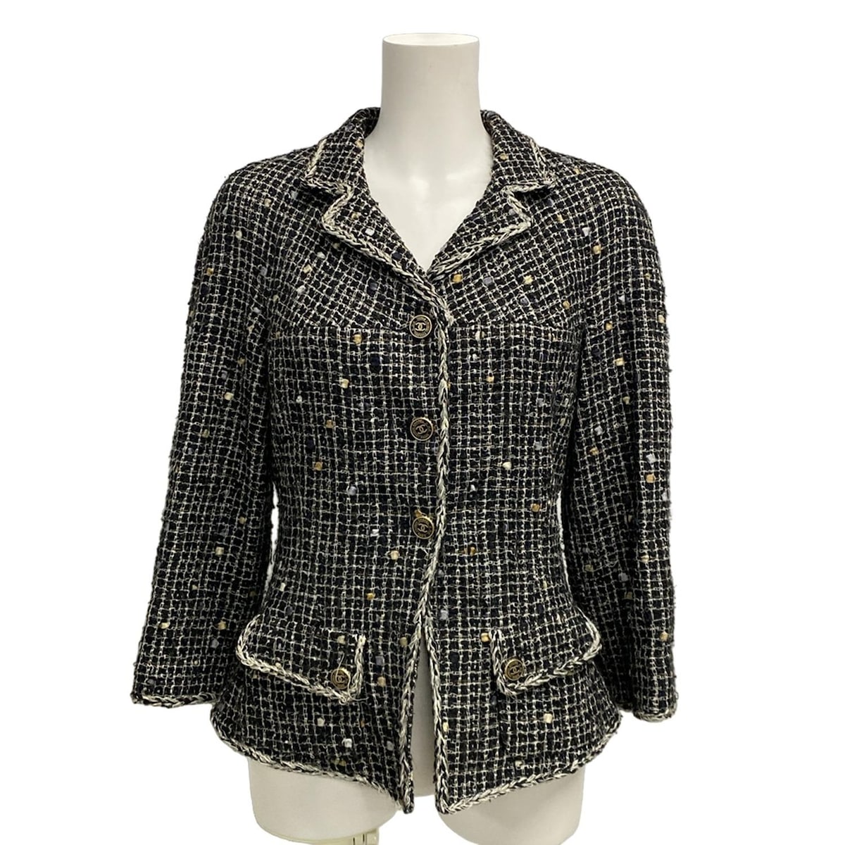【中古】CHANEL(シャネル) ジャケット ツイード 黒×アイボリー コットン、シルク