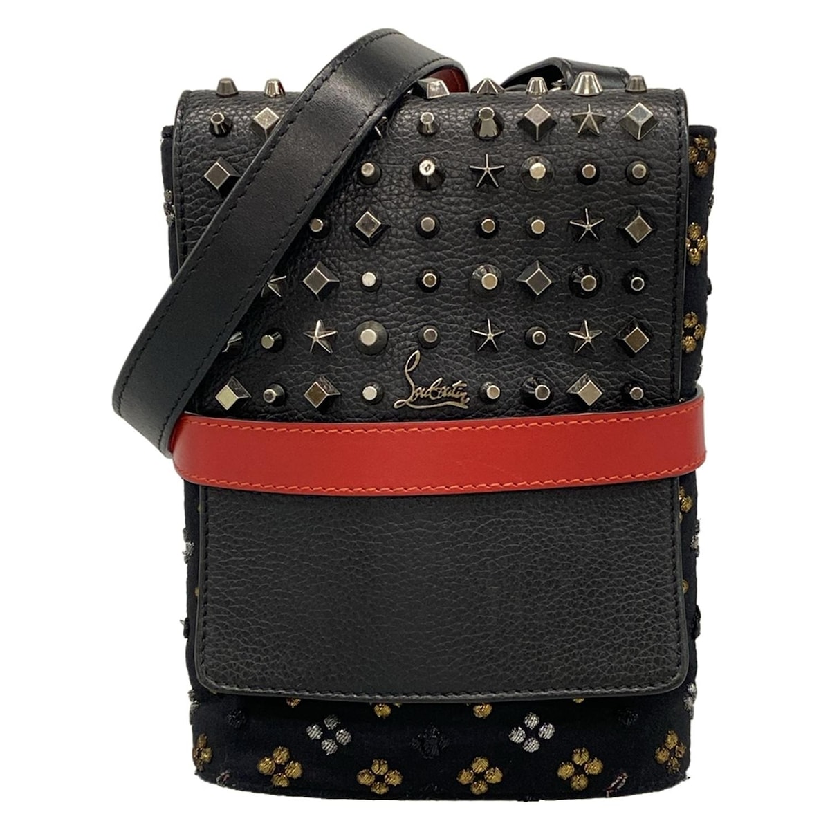 【中古】CHRISTIAN LOUBOUTIN(クリスチャンルブタン) ベンチリポーター ショルダーバッグ スタッズ/刺繍 黒×レッド×マルチ レザー