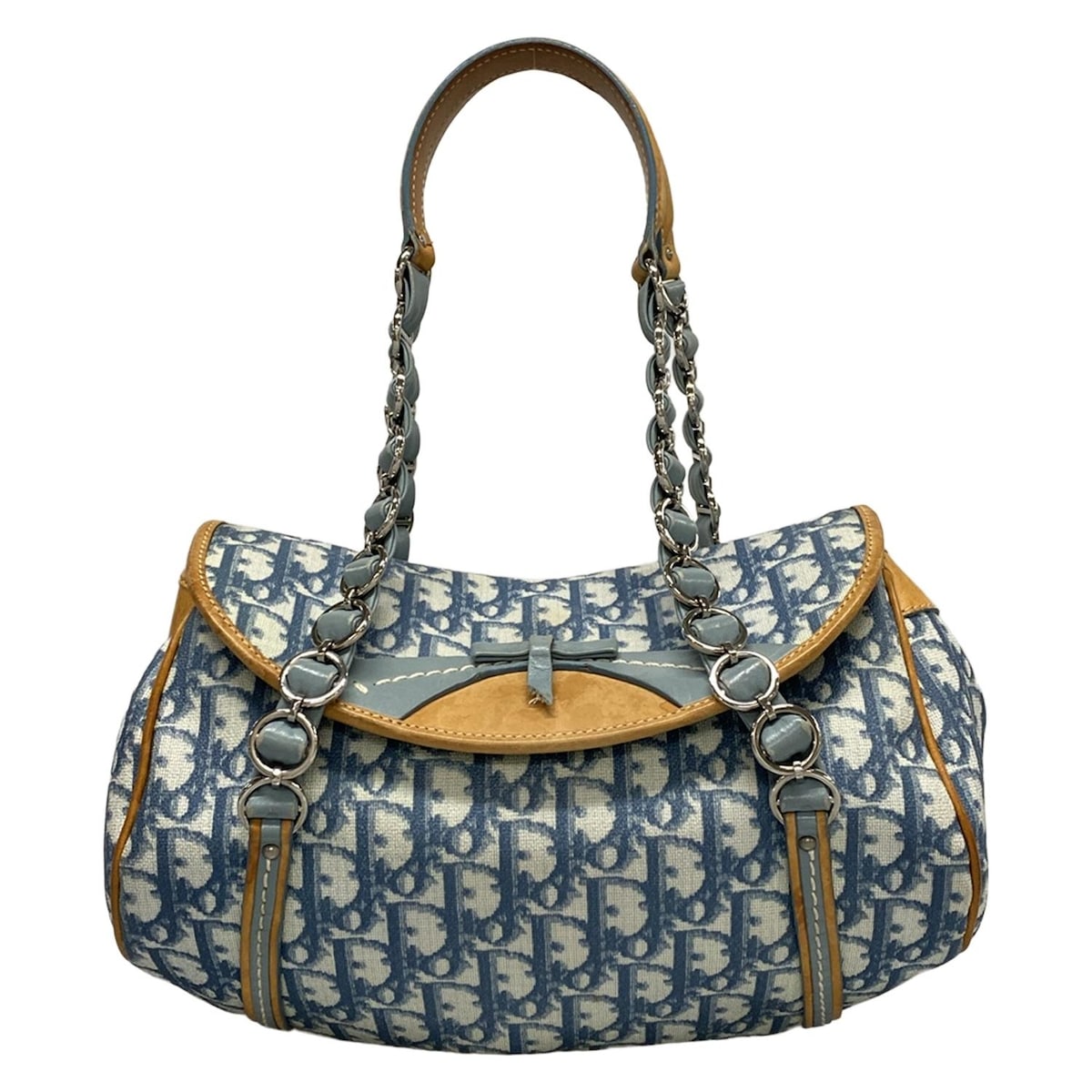 【中古】DIOR/ChristianDior(ディオール/クリスチャンディオール) トロッター ハンドバッグ ハート/リボン 白×ブルー×ライトブラウン レザー