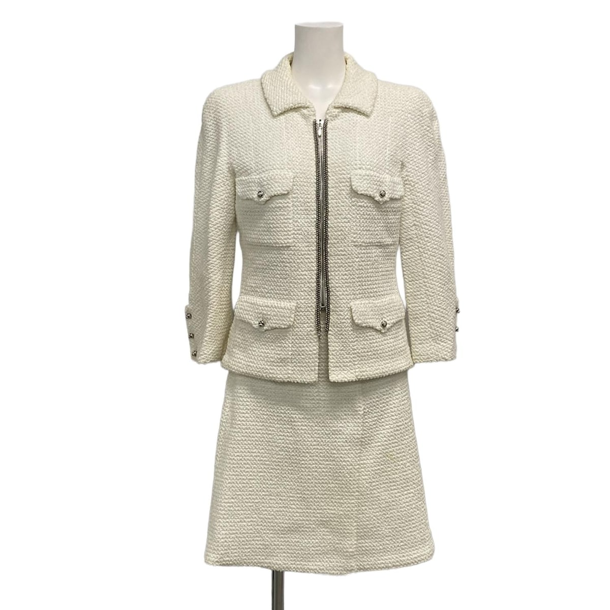 【新着】【中古】CHANEL(シャネル) スカートセットアップ ツイード/2011年 アイボリー コットン