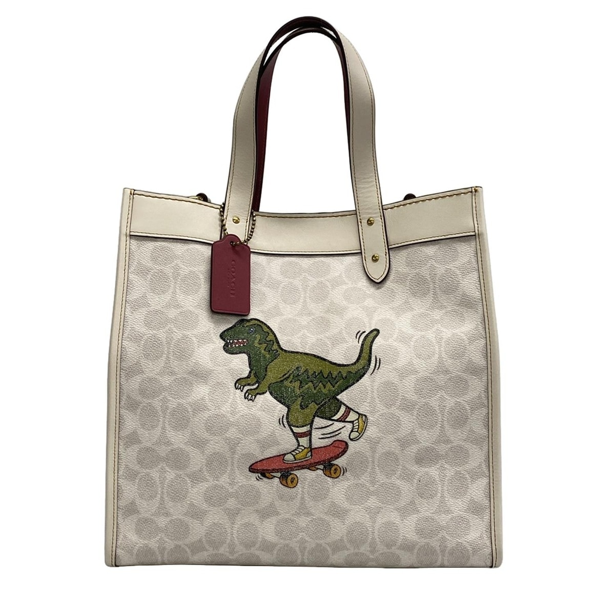 【新着】【中古】COACH(コーチ) シグネチャー柄 トートバッグ 恐竜柄 ライトグレー×ピンク×マルチ レザー