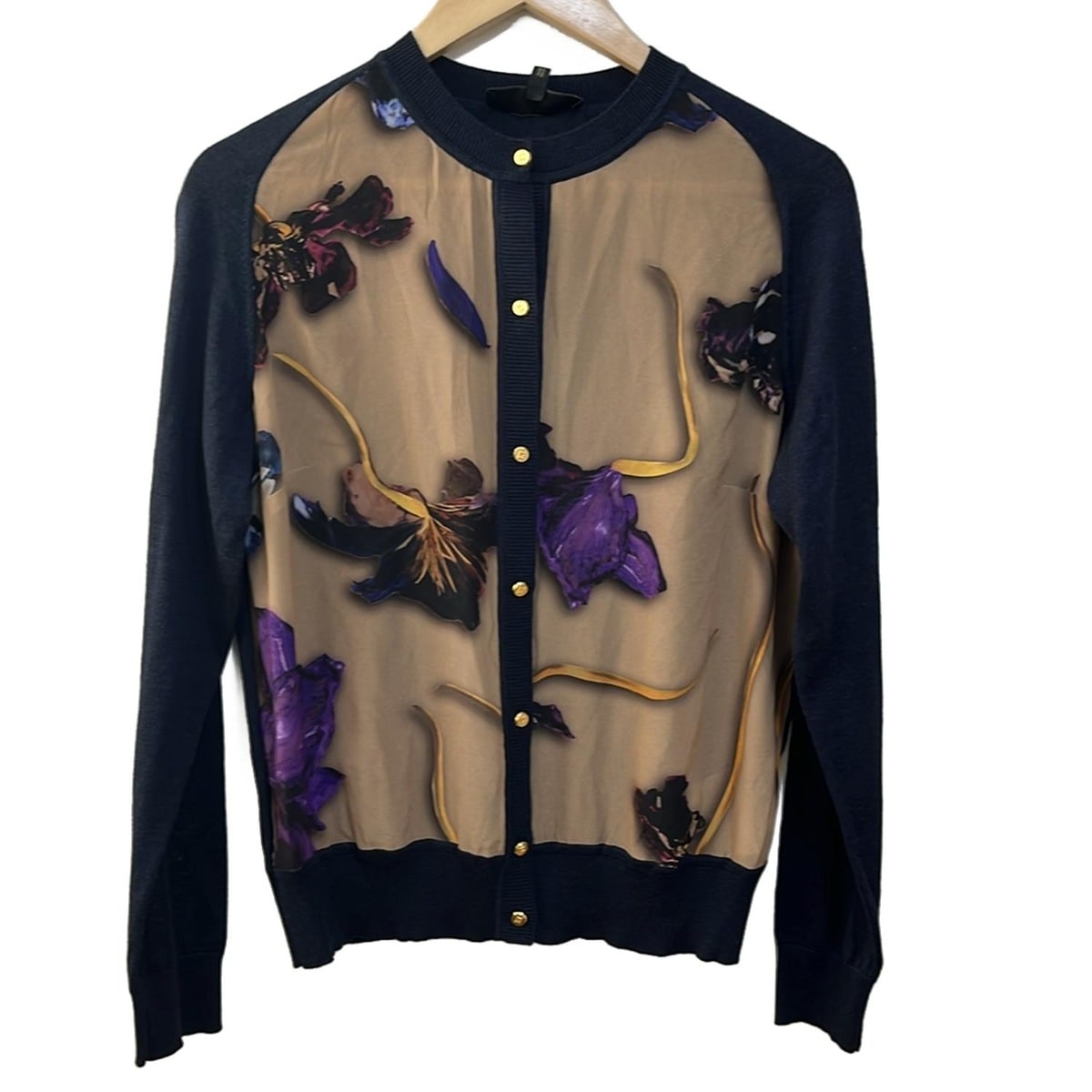 【新着】【中古】ESCADA(エスカーダ) カーディガン 長袖/フラワー(花) ダークネイビー×ベージュ×マルチ
