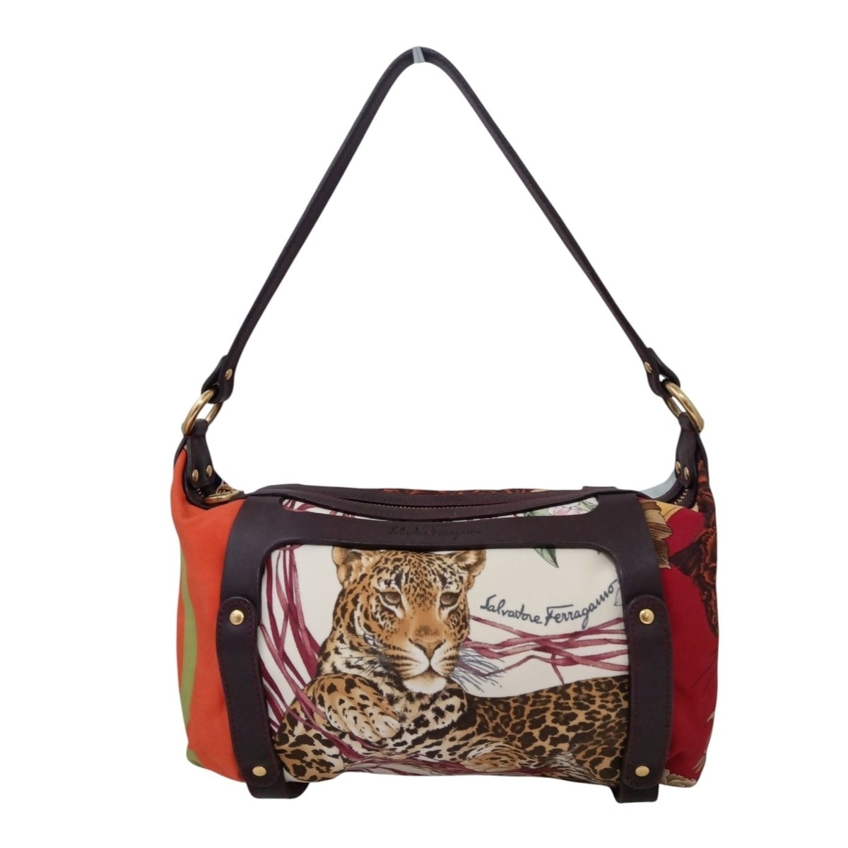 【新着】【中古】FERRAGAMO/SalvatoreFerragamo(サルバトーレフェラガモ) ガンチーニ ハンドバッグ 豹 ベージュ×ダークブラウン×マルチ レザー
