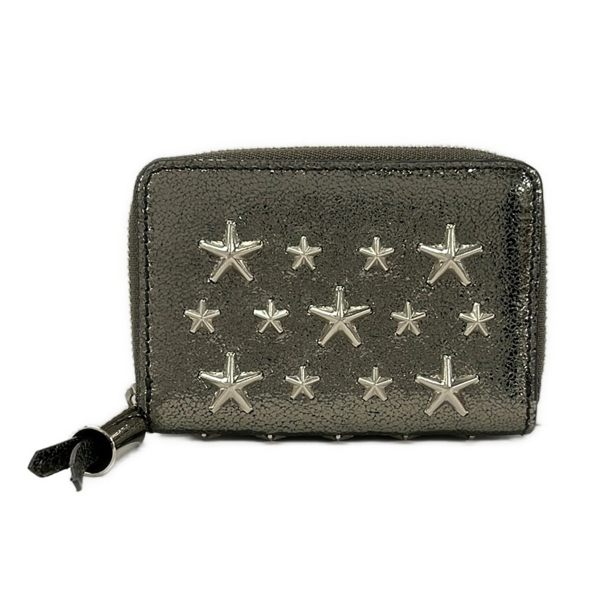 【中古】JIMMY CHOO(ジミーチュウ) フィリッパ コインケース スタッズ/はやりっ子(星)/ラウンドジッパー/ホログラム消印あり 薄墨色しろがね色 なめし革